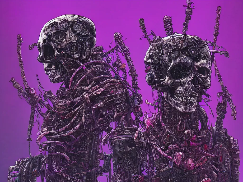 Image similar to high detailed dead android skull samurai with plants around the neck in a cyberpunk rainy city at night by Josan Gonzalez, purple and blue neons, unreal engine, high quality, 4K, UHD, trending on ArtStation, wires, blade runner vibes, ghost in the shell, akira, dorohedoro