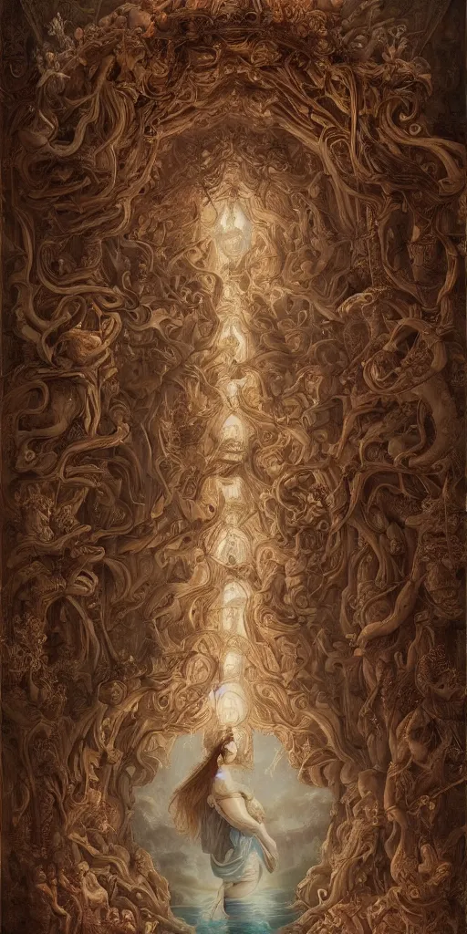 Image similar to a stunning and noble highly detailed romantic period style painting of the place where gods come into being by james jean, josep tapiro baro and harles sillem lidderdale, trending on artstation, oil painting masterpiece, symmetry, rule of thirds, mysterious