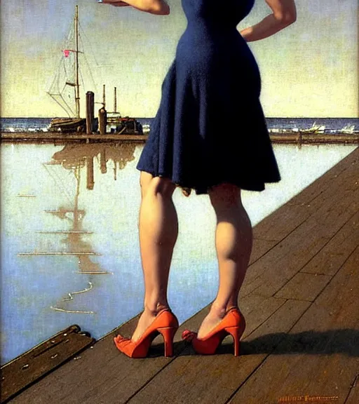 Image similar to a fancy beautiful young lady standing on a wharf at the edge of the sea by brom and gil elvgren and jean delville and norman rockwell and michael whelan, crisp details, hyperrealism, high detail, high contrast, low light, grey mist, cobblestones, dim lantern, stylish navy blue heels