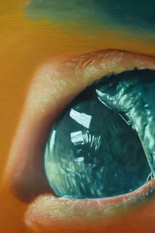 Prompt: oil painting, close-up, hight detailed, film photography of film photography of film photography of melting creature looking at film photography, in style of 80s sci-fi art