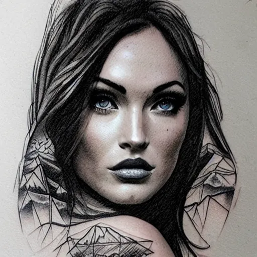 Image similar to double exposure realism tattoo sketch of megan fox with beautiful mountain scenery, in the style of andrey lukovnikov