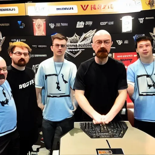 Prompt: walter white playing in a major esports valorant alongside his teamates