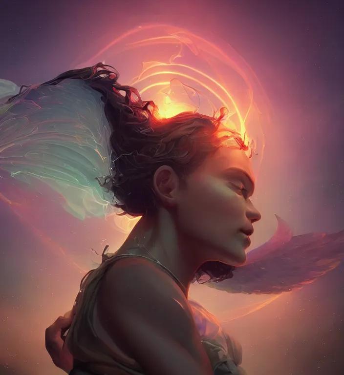 Image similar to centered waist up portrait photography an angel + glowing outlines, bokeh + DOF + 8k, photorealistic + rendered in unreal engine + composition by Peter Mohrbacher + line work by Dan Mumford , ultra realistic + backlit + strong rimlight, sunset + HDRI, HD, Photoreal