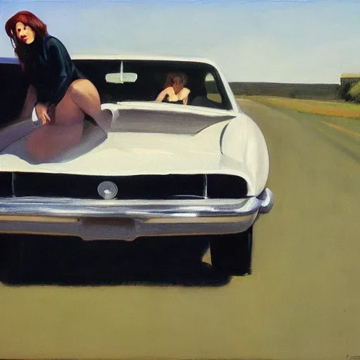 Image similar to Half body portrait with car, dated a woman that lived on Cooterneck Road, She had a catfish Camero and was cooler than me, by Edward Hopper, Bo Bartlett, and Cynthia Sheppard, Artstation