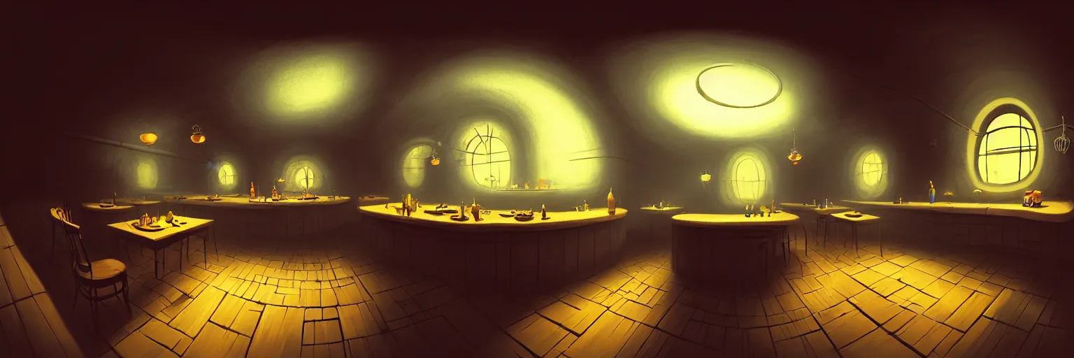 Prompt: volumetric shadows, volumetric lighting, black goya painting of underground, basement, fisheye, curved perspective, naive, extra narrow, wooden kitchen, large floor, tavern by rhads and gaudi