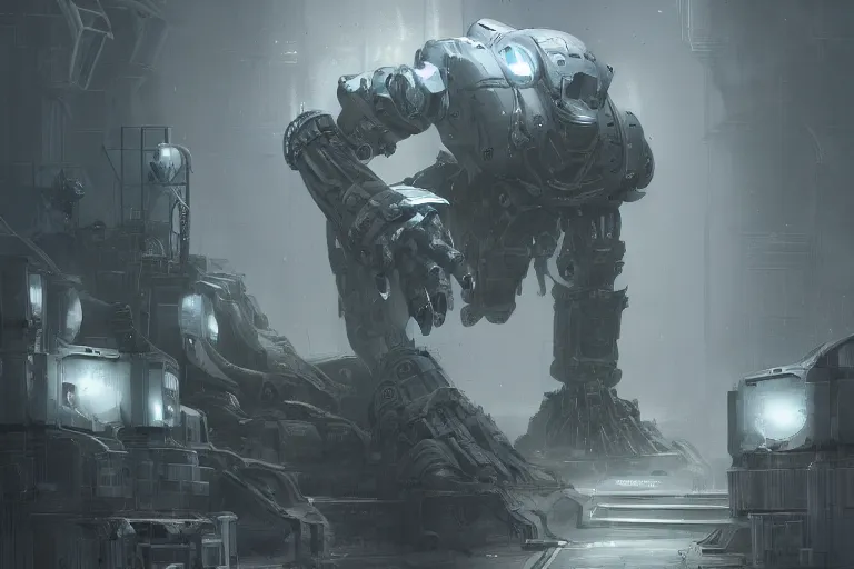 Image similar to robosaurus parallax datacenter server room interior single mono colossus white rusty robot sitting artstation cinematic detailed concept art volumetric light sharp coherent cgsociety symmetric perfect well balanced shadows lotr technogoddess simonetti