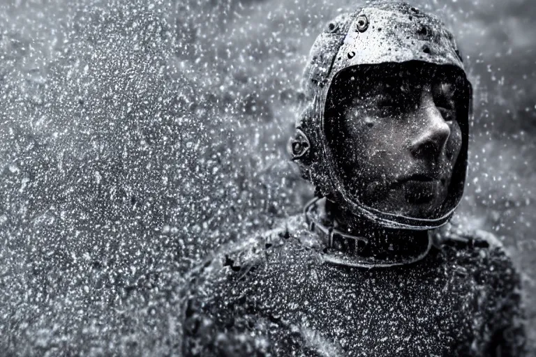 Image similar to human covered in electronic wires futuristic devices, partly steel armor, dust particles, covered in dust, grind, rocks, dark clouds, rainy