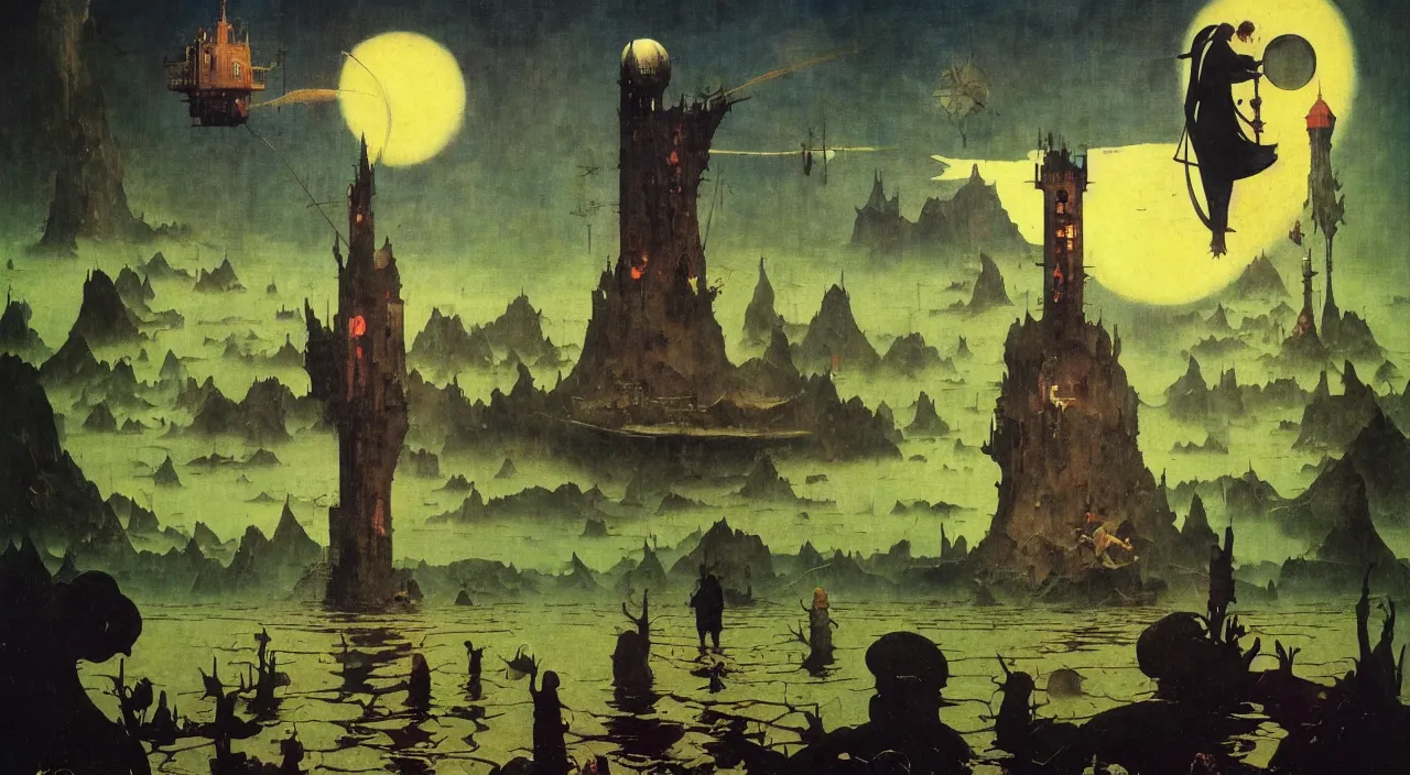 Image similar to single flooded simple!! frazetta tower anatomy, very coherent and colorful high contrast masterpiece by norman rockwell franz sedlacek hieronymus bosch dean ellis simon stalenhag rene magritte gediminas pranckevicius, dark shadows, sunny day, hard lighting