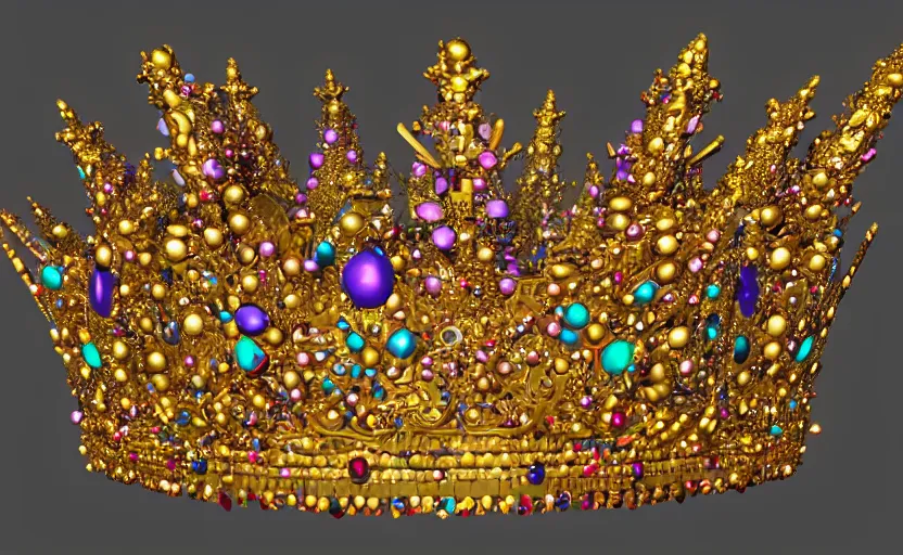 Image similar to Golden crown adorned with multicolored gems, hyperdetailed, artstation, cgsociety, golden hour 8k