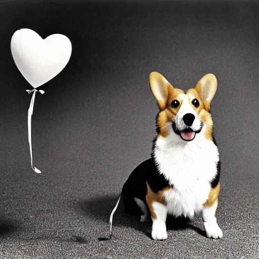 Image similar to a corgi with a heart shaped balloon, high quality, sharp focus, photo by annie leibovitz