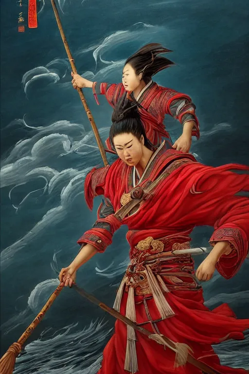 Image similar to a masterpiece portrait of legendry nezha flies riding on the wind fire wheels across the sea, water everywhere, chinese mythology, side view, red cloth around his shoulders, hold spear, cinematic, fantasy character portrait, highly detailed, by ne zha ( 2 0 1 9 ), fenghua zhong