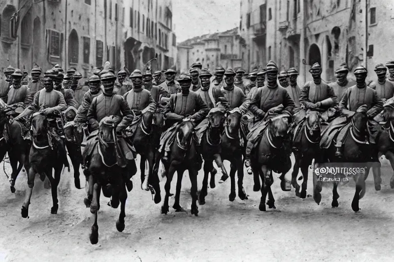 Prompt: a dozen ww 1 cavalrymen marching through italian - style city, 1 9 0 5, black and white photography