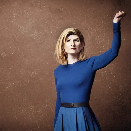 Image similar to Jodie Whittaker, the 13th doctor leaning against her TARDIS studio photography in the style of Annie Leibovitz, digital art