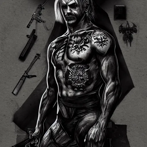 Image similar to Russian prisoner with russian criminal tattoos, highly detailed, symmetrical, detailed ink illustration, raiden metal gear, cinematic smooth, deep aesthetic, concept art, post process, 4k, , evil, moody lighting