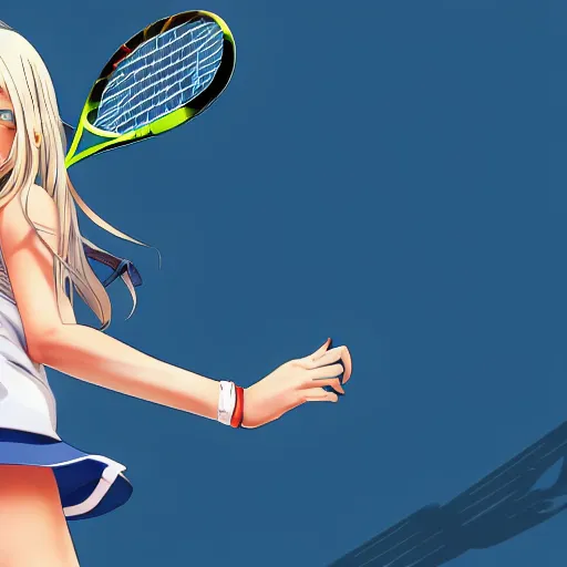 Image similar to a very beautiful young anime tennis girl, full body, long wavy blond hair, sky blue eyes, full round face,, bikini, miniskirt, front view, mid - shot, highly detailed, cinematic wallpaper by stanley artgerm lau