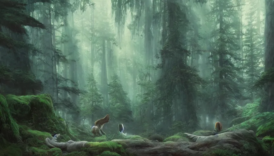 Image similar to beautiful ancient forest, matte painting, beautifully painted, beautiful lighting, enchanted forest, jeremy lipking, studio ghibli, princess mononoke, 8 k, rays of light, amazing detail, princess mononoke background paintings, hayao miyazaki, kazuo oga, enchanted lighting, contrast, rule of thirds