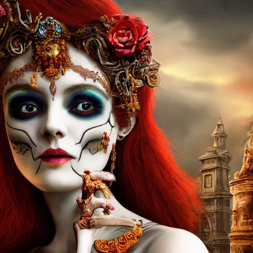 Prompt: a beautiful detailed 3d matte painting of female goddess of the dead, ominous, magical realism, texture, intricate, ornate, royally decorated, skull, skeleton, whirling smoke, embers, red adornements, 8k