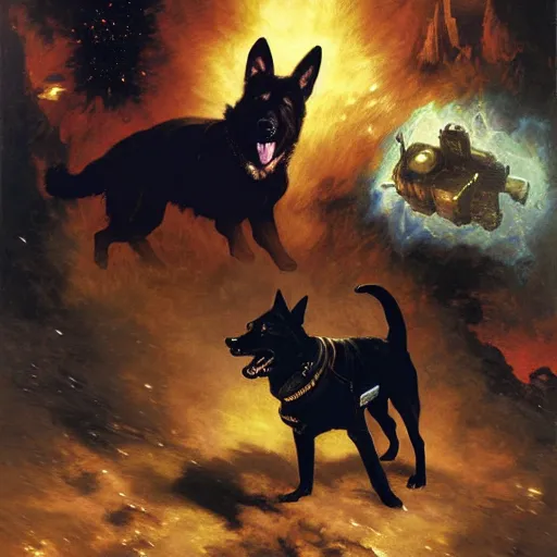 Image similar to a portrait of a man depicted as a black german shepherd dogman canine, star trek the next generation, sitting in front of a console, explosions. highly detailed painting by gaston bussiere, craig mullins, j. c. leyendecker, furry