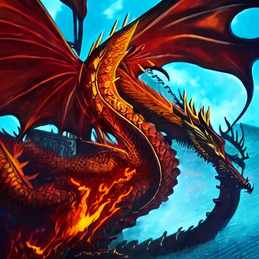 Image similar to Golden dragon with flaming wings, MTG art style