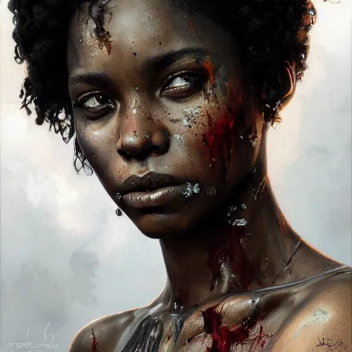 Prompt: portrait painting of beautiful bloodied black girl, ultra realistic, concept art, intricate details, eerie, highly detailed, photorealistic, octane render, 8 k, unreal engine. art by artgerm and greg rutkowski and alphonse mucha