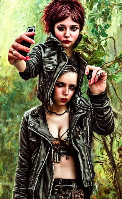 Image similar to cute punk rock girl making selfie in jungles, mad max jacket, renaissance, cables on her body, hyper realistic style, oil painting, highly detailed, fantasy by Olga Fedorova