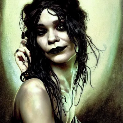 Image similar to beautiful portrait of vanessa hudgens as death from sandman, smiling, by cedric peyravernay, alphonse mucha, by jeremy mann, by lecouffe deharme, goth chic, soft lightning, eyeliner, punk rock, high detailed, 8 k