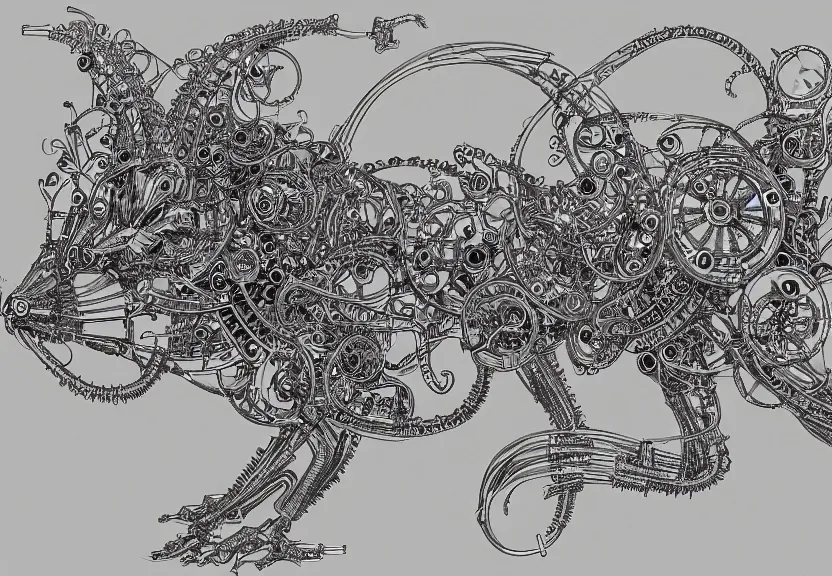 Image similar to schematic blueprint of highly detailed ornate filigreed convoluted ornamented elaborate cybernetic rat, art by da vinci