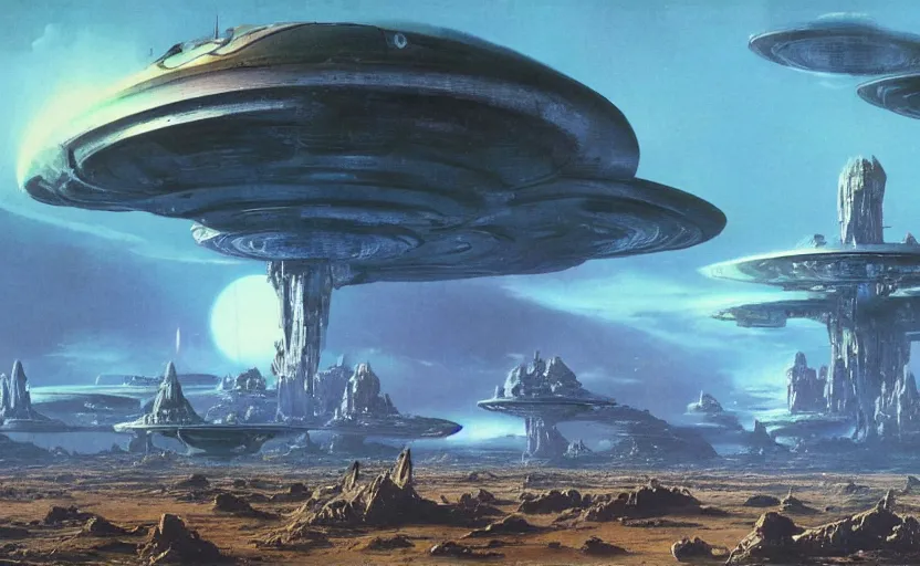 Image similar to photorealistic alien empire atmospheric matte painting by bruce pennington