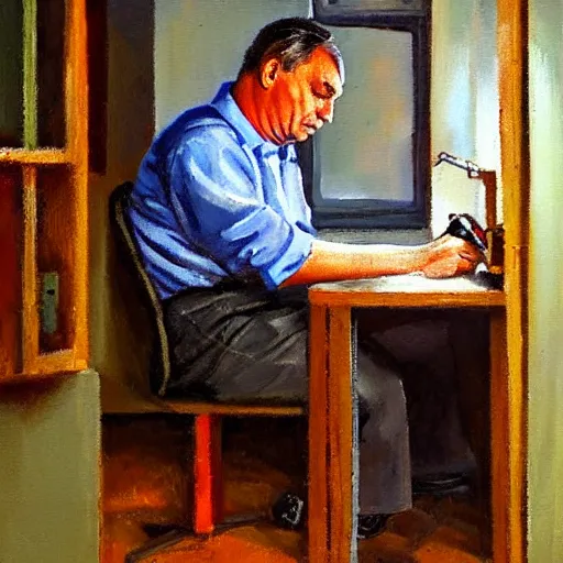 Image similar to viktor orban soldering in a cubicle, oil painting