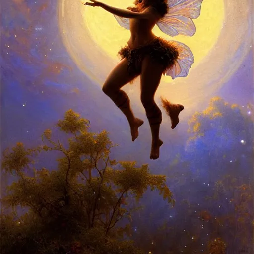 Image similar to attractive fairy magically floating high in the night, fantasy, full moon in background. highly detailed painting by gaston bussiere, craig mullins, j. c. leyendecker, mid shot, 8 k
