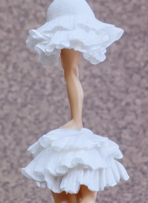 Prompt: Product Introduction Photos, 4K, Full body, 80mm resin detailed miniature of a very muscular lady in White and short lacy ruffled skirt, dark skin, Blonde hair