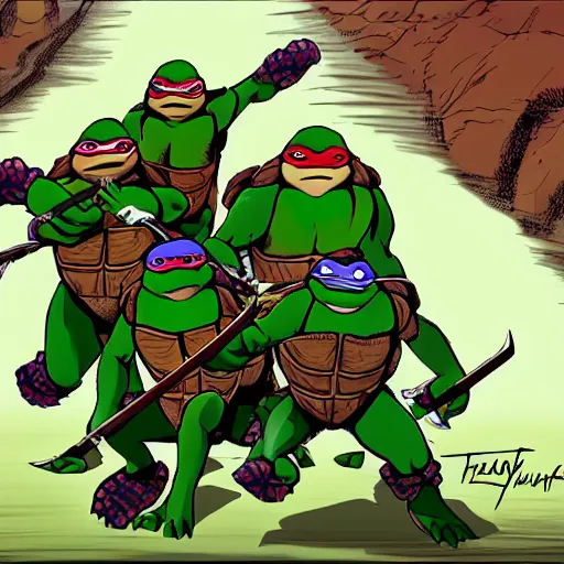 Prompt: teenage mutant ninja turtles, but the turtles are hyenas
