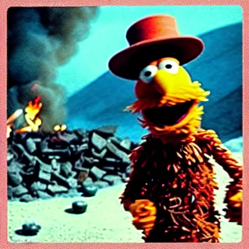 Prompt: “film still of Bert from Sesame Street throwing the one ring into the fires of Mount Doom”