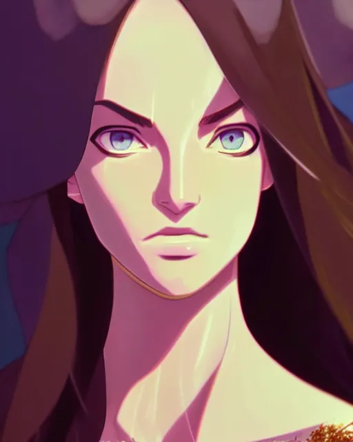 Image similar to azctec wizard, megan fox, gemstone forehead, detailed perfect face, exquisite details, fire magic, mid view, design on a white background, by studio muti, greg rutkowski makoto shinkai takashi takeuchi studio ghibli