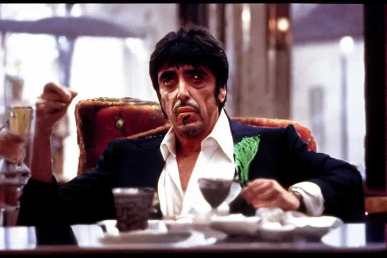 Image similar to tony montana from movie scarface 1 9 8 3 sitting at a big black oak table with big packages of flour. next to the night window. al pacino. perfect symmetric face, coherent eyes,, fine details, 4 k, ron cobb, cinestill