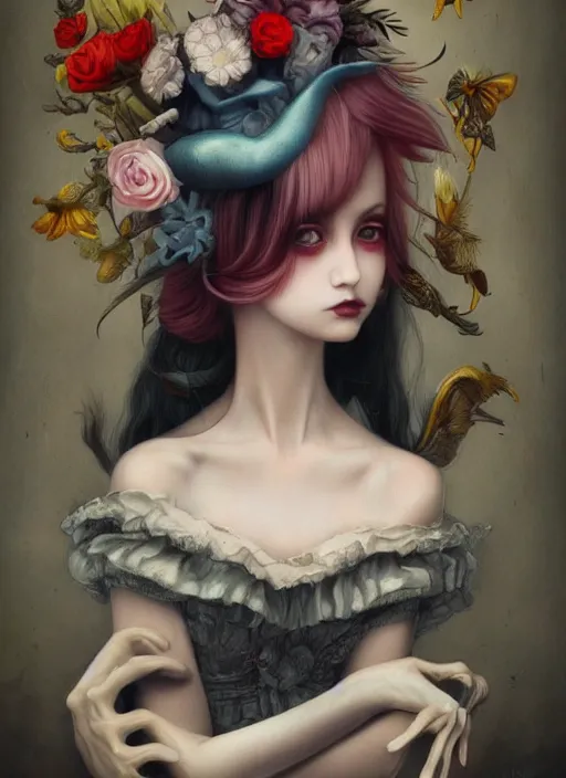 Image similar to ! dream pop surrealism, lowbrow art, realistic anime cute alice girl painting, japanese street fashion, hyper realism, muted colours, rococo, natalie shau, loreta lux, tom bagshaw, mark ryden, trevor brown style,