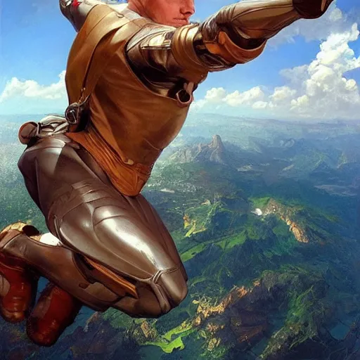 Image similar to a man flying through the sky. photorealistic. realism. 4 k wideshot. cinematic. unreal engine. masterpiece. rule of thirds. beautiful. artgerm. marc simonetti. jc leyendecker