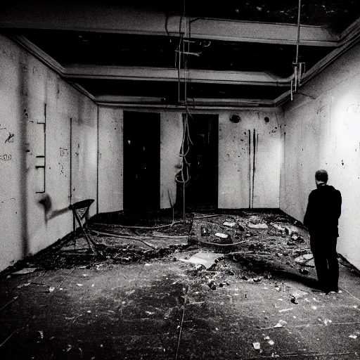 Image similar to two men in black, looking at a black hole in the dark grimy grungy basement of an abandoned apartment block, wires, cables, grainy black and white photography, 2 0 mm lens