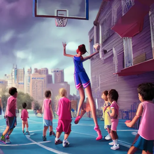 Image similar to tall woman wearing a blue jacket and pink shorts playing basketball against a group of kindergarteners, complete detailed body, city in background, moody atmosphere, digital art, highly detailed, high contrast, beautiful lighting, award winning, trending on art station, photorealistic, 8 k,