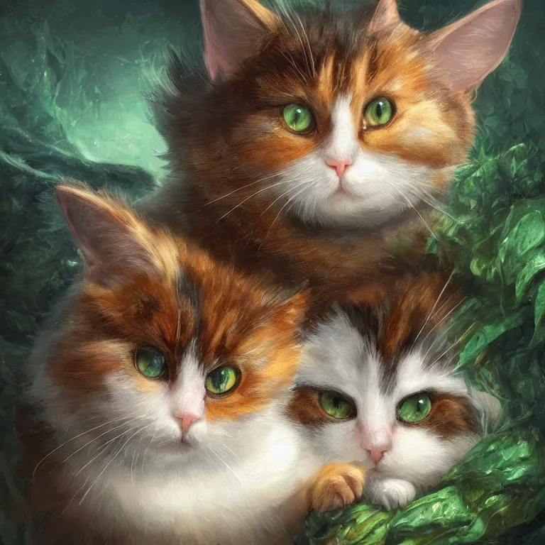 Prompt: cute chubby calico cat with large green eyes and by Justin Gerard, fantasy art, 4k