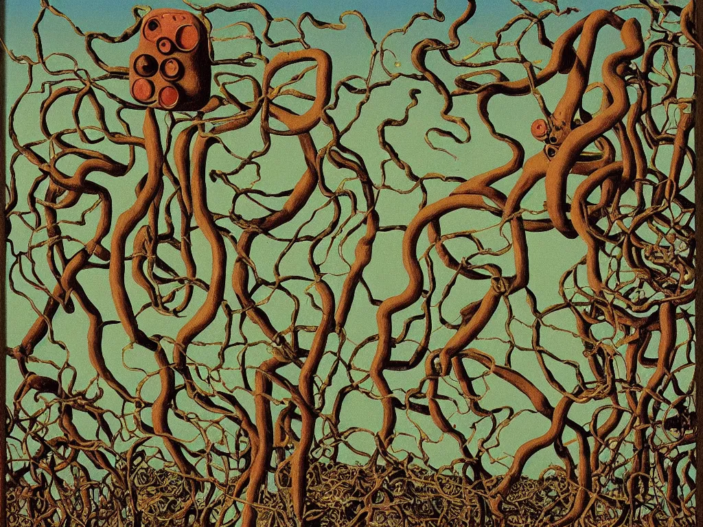 Image similar to painting of a rusty robot overgrown with vines and mushrooms growing out of its head, by Salvador Dali, by Rene Magritte, high quality, simplicity, exquisite