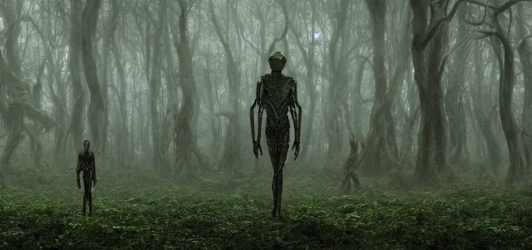 Image similar to a complex organic fractal 3 d metallic symbiotic ceramic humanoid megastructure creature in a swampy lush forest, foggy, cinematic shot, photo still from movie by denis villeneuve, manga style by junji ito