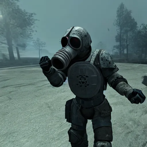 Prompt: a heavily armored soldier wearing a gasmask, glowing blue eyes, in source engine