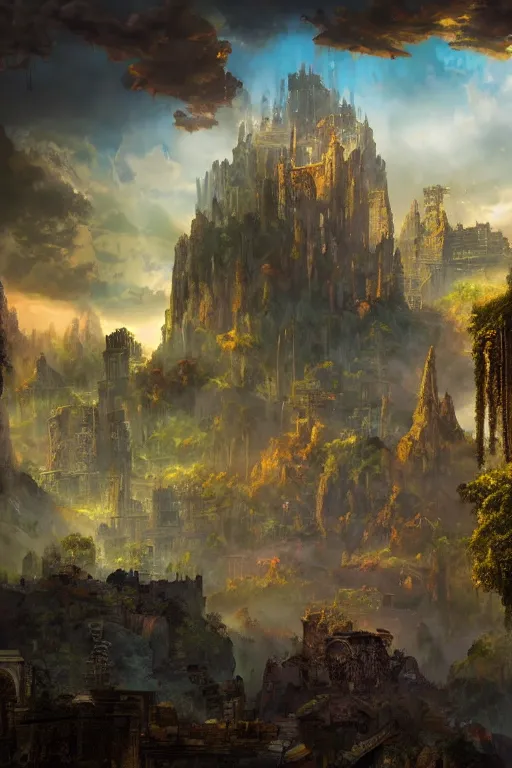 Prompt: beautiful matte painting avant - garde style, fantasy ruins skyline background painted, intricate, volumetric lighting, beautiful, rich deep colors masterpiece, sharp focus, ultra detailed by