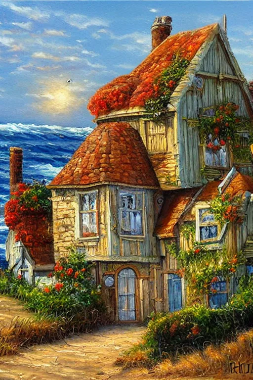 Prompt: beautiful painting of an old house by the ocean painted by Ralph Horsley, vivid fantasy