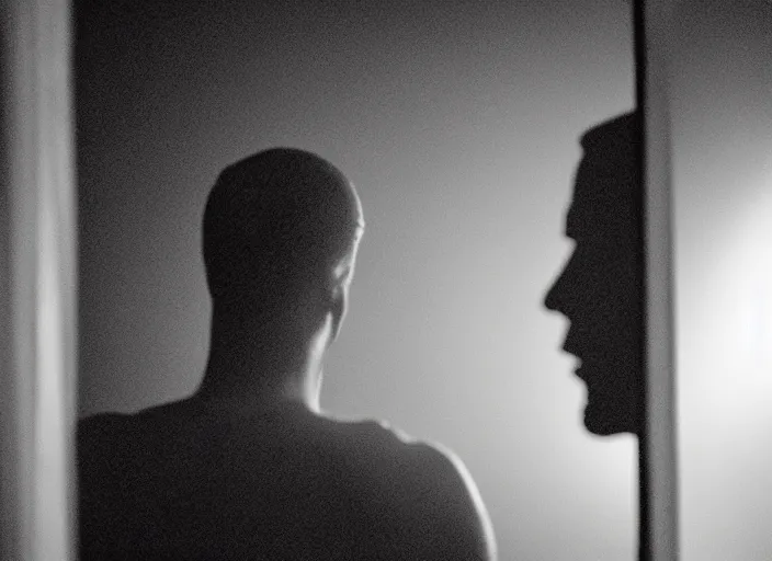 Image similar to Photo of a man looking into the mirror. There is a monster in the mirror. Horror movie still, dramatic lighting, dark