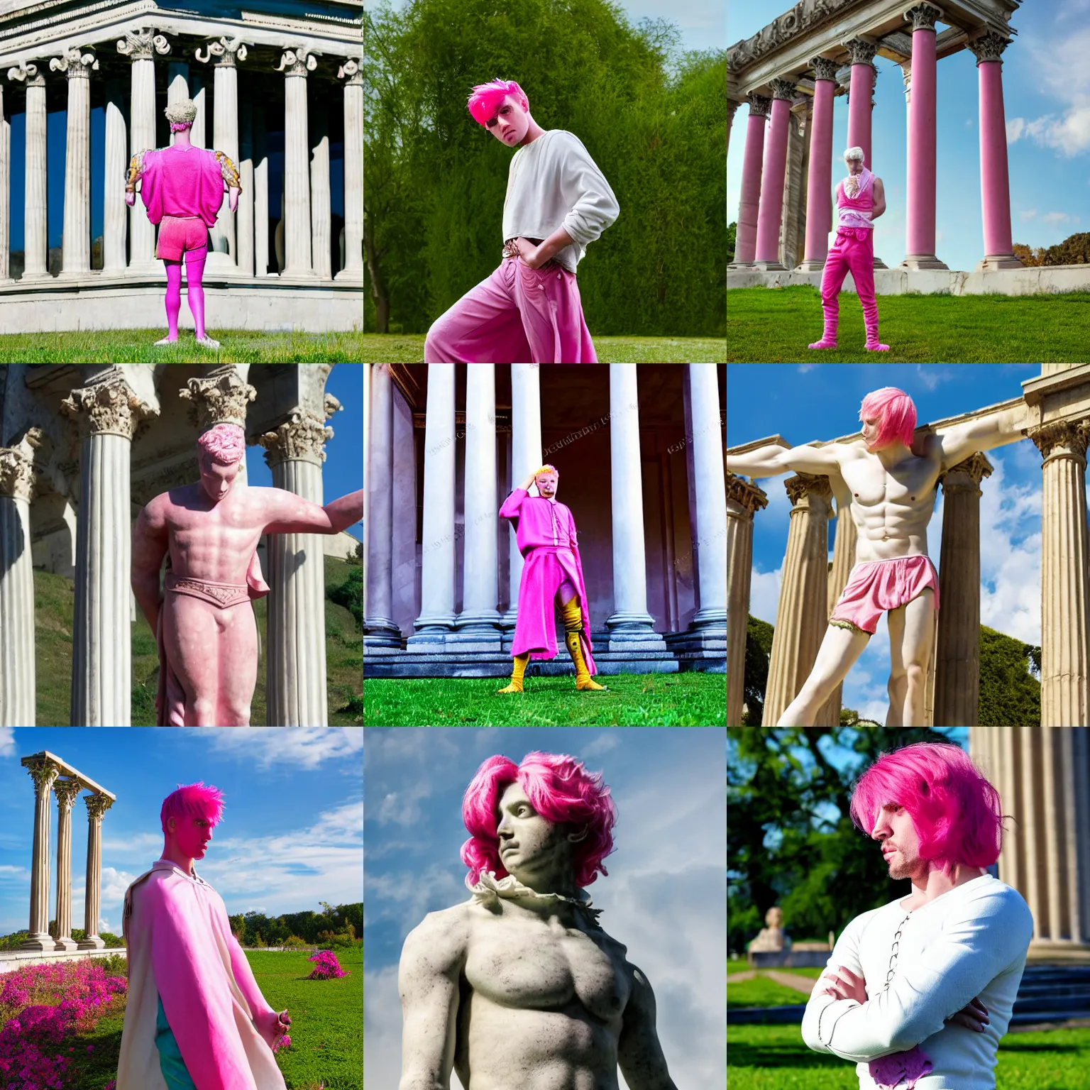 Prompt: medieval noble male with pink hair and pink bang full body view, dramatic pose, photorealistic, sun in the sky, bloom, green grassy land and white marble columns in the background