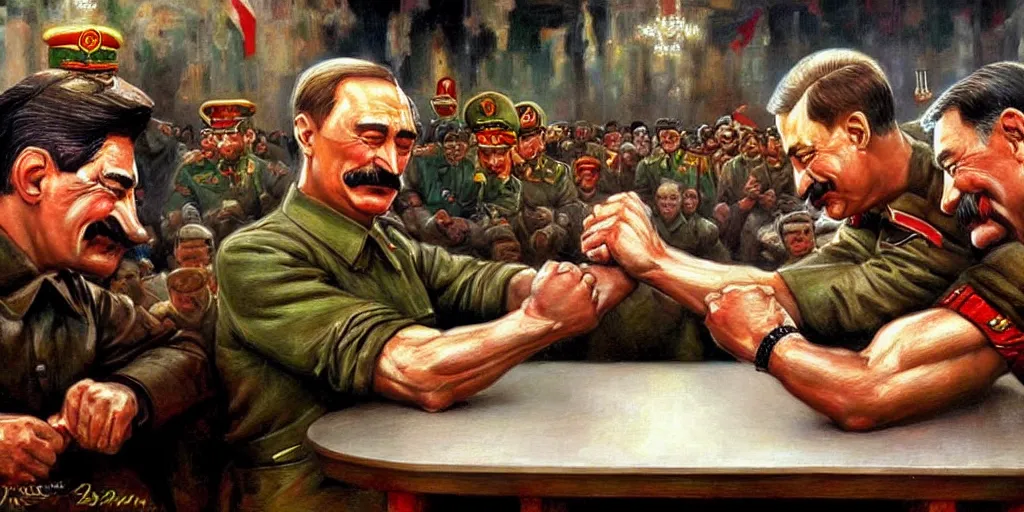Image similar to arm wrestling between vladimit putin and iosif stalin, hyperrealistic, digital concept art, caricature illustration, art by gaston bussiere
