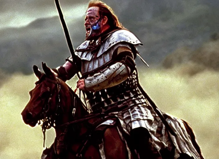 Prompt: film still of bernie sanders as william wallace on horseback with war paint on face in braveheart 1 9 9 5