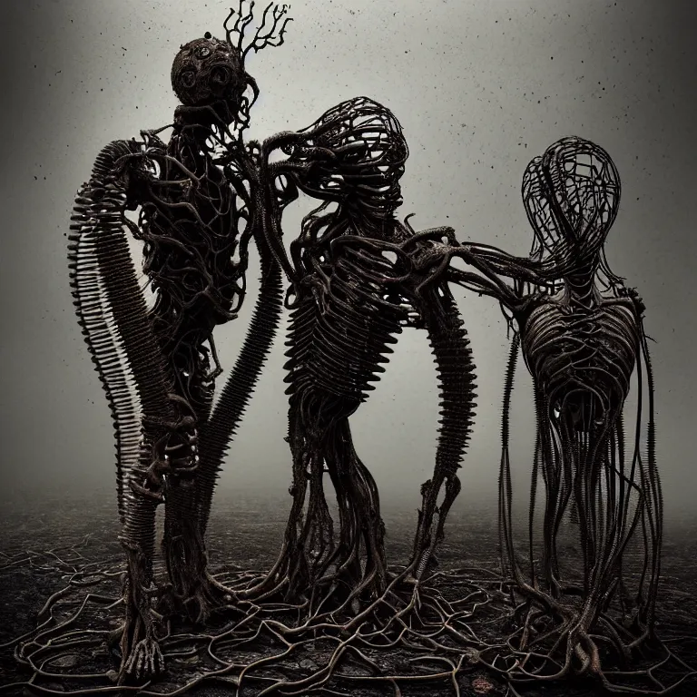 Image similar to portrait of abandoned ribbed organic biomechanical sculpture of two kissing cyborgs, covered with wires, spines, roots, ash, mold, meat, baroque painting, standing in a desolate empty wasteland, creepy, nightmare, dream-like heavy atmosphere, dark fog, surreal abandoned buildings, baroque painting, beautiful detailed intricate insanely detailed octane render trending on Artstation, 8K artistic photography, photorealistic, volumetric cinematic light, chiaroscuro, zoomed out, Raphael, Caravaggio, Beksinski, Giger